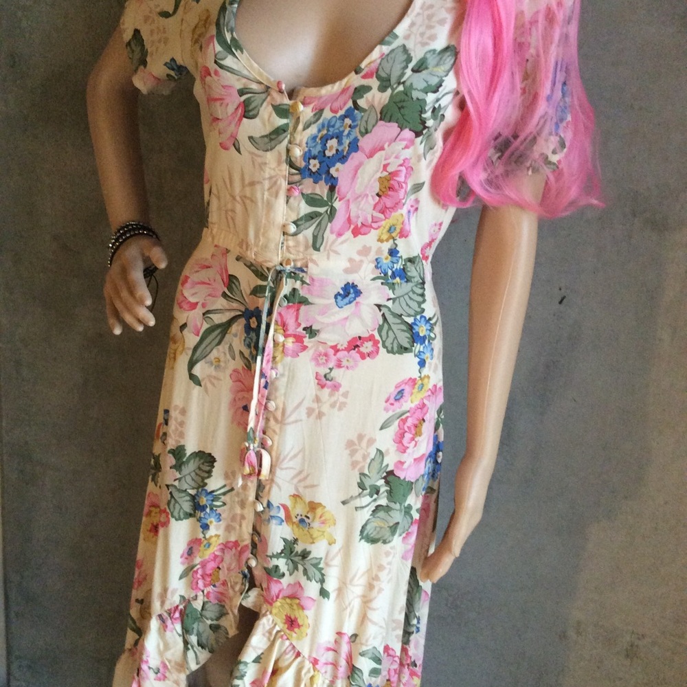 🌸 BOHEMIAN DRESS FLORAL MAXI HILO SWALLOWTAIL BOHO CHIC RUFFLE LONG BUTTON DOWN - Picture 8 of 16